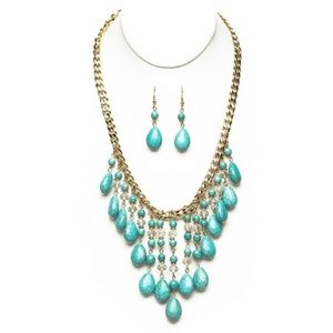Gold and Turquoise Beads Necklace and Earrings Set
